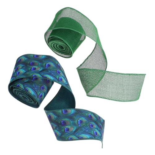 BATHVEVE 2 Stück Teiliges Set Grüne Drahtkantenbänder Polyester mit Pfauenfeder Breit für Geschenkverpackungen Schleifenherstellung und Festliche Dekoration von Kränzen Diy Basteln von BATHVEVE