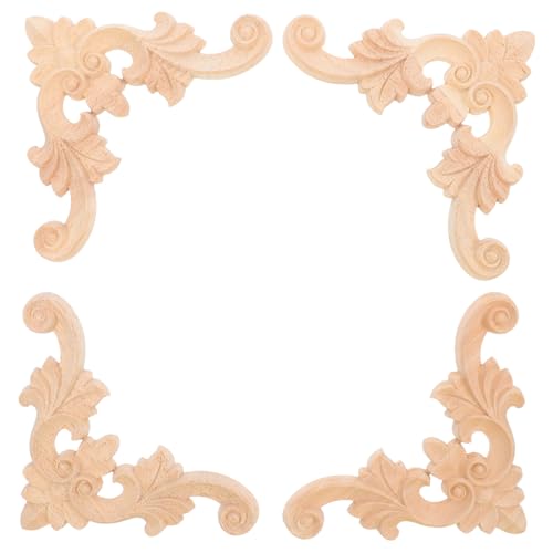 BATHVEVE 4 Stück Holz Geschnitzte Applikationen für Möbel Europäische Stil Ornamente für Schranktüren und Diy Projekte Unbemalt Langlebige Holzverzierungen von BATHVEVE