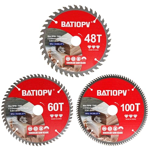 BATIOPV Kreissägeblatt 210 x 30 mm (48/60/100 Zähne) 3-teilig (für Holz, Spanplatten, Sperrholz, Hartholz, usw.) Kompatibel mit Dewalt Makita Bosch einhell, Sägeblätter für Holzschnitte von BATIOPV