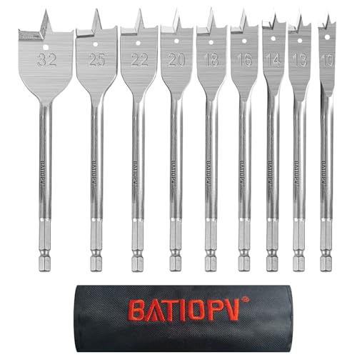 BATIOPV Spatenbohrer-Set Holz, 9-teilig, Ø 10–32 mm, flache Holzbohrer aus legiertem Stahl, 1/4 Zoll Schnellwechsel-Sechskantschaft, ideal für Holzarbeiten, mit Nylon-Aufbewahrungstasche BATIOPV Spatenbohrer-Set Holz, 9-teilig, Ø 10–32 mm, flache Holzbohrer aus legiertem Stahl, 1/4 Zoll Schnellwechsel-Sechskantschaft, ideal für Holzarbeiten, mit Nylon-Aufbewahrungstasche von BATIOPV