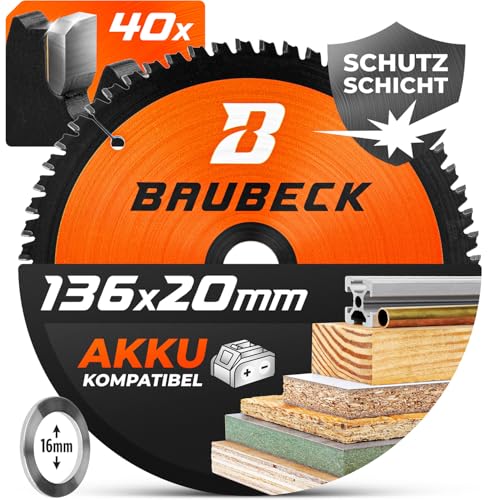 BAUBECK Akku Sägeblatt 136x20 inkl. 16mm Reduzierring - Multi Material Feinschnitt - Kreissägeblatt 136x20 für Holz, Aluminium, Metall uvm. von BAUBECK