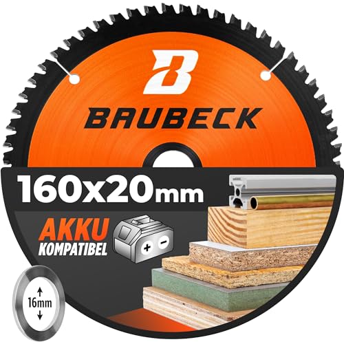 BAUBECK Akku Sägeblatt 160x20 inkl. 16mm Reduzierring - Multi Material Feinschnitt - Sägeblatt 160mm für Holz, Aluminium uvm. - Akku Kreissägeblatt 160x16 von BAUBECK