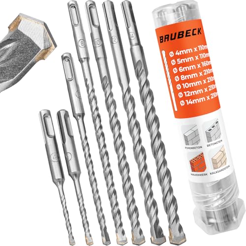 BAUBECK SDS Plus Bohrer Set für Beton [7tlg - Ø4-14 bis zu 210mm lang] - Langlebig und Robust aus 40CR Stahl für Präzise Ergebnisse - Bohrer Set Beton Schlagbohrer SDS Bohrer Stein Betonbohrer von BAUBECK