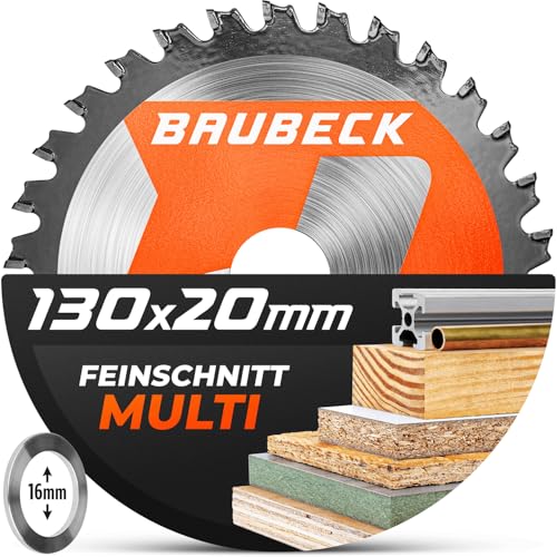 BAUBECK Sägeblatt 130x16 +20mm Adapter, 36Z, 1.5mm Feinschnitt in Holz & Alu kompatibel mit Akku Handkreissägen und Tauchsägen Kreissägeblatt 130x16, Sägeblatt 130x20 BAUBECK Sägeblatt 130x16 +20mm Adapter, 36Z, 1.5mm Feinschnitt in Holz & Alu kompatibel mit Akku Handkreissägen und Tauchsägen Kreissägeblatt 130x16, Sägeblatt 130x20 von BAUBECK