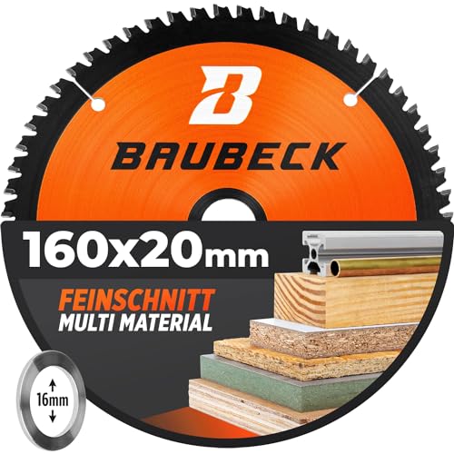 BAUBECK Sägeblatt 160x20 inkl. 16mm Reduzierring - Multi Material Feinschnitt - Kreissägeblatt 160x20 für Holz, Aluminium uvm. - Kreissägeblatt 160x16 von BAUBECK