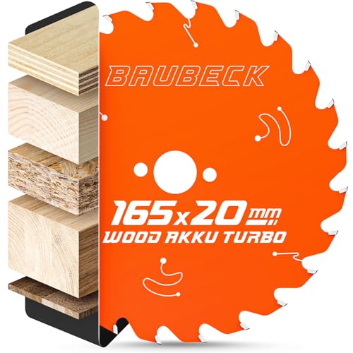 BAUBECK Sägeblatt 165x20 +16mm Adapter, 24Z, 1.5mm Schnitt in Holz, Akku 18v kompatibel mit M. SP6000/J, DHS680, Bosch GKT 55 / GCE S/GKS 18 V, Kreissägeblatt 165x20, Sägeblatt 165x16 von BAUBECK