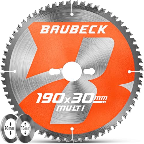 BAUBECK Sägeblatt 190x30 +16/20mm Reduzierringe, 56Z, 1.6mm Schnitt in Holz, Metall & Alu mit Handkreissägen, wie Bosch GKS 190, PKS 66 A / 66 AF, Parkside PHKS 66 kompatibel, Kreissägeblatt 190 BAUBECK Sägeblatt 190x30 +16/20mm Reduzierringe, 56Z, 1.6mm Schnitt in Holz, Metall & Alu mit Handkreissägen, wie Bosch GKS 190, PKS 66 A / 66 AF, Parkside PHKS 66 kompatibel, Kreissägeblatt 190 von BAUBECK