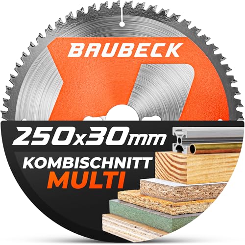 BAUBECK Sägeblatt 250x30 +16/20/25.4mm Reduzierringe, 48Z, 2.5mm Schnitt in Holz & Alu für Kapp- & Tischkreissägen, wie Metabo KGS 216M, Bosch GTS 635-216, GCM 8 SJL Kreissägeblatt 250 BAUBECK Sägeblatt 250x30 +16/20/25.4mm Reduzierringe, 48Z, 2.5mm Schnitt in Holz & Alu für Kapp- & Tischkreissägen, wie Metabo KGS 216M, Bosch GTS 635-216, GCM 8 SJL Kreissägeblatt 250 von BAUBECK