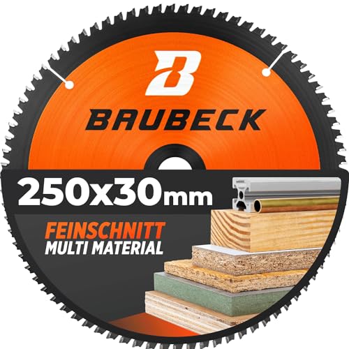 BAUBECK Sägeblatt 250x30 - Multi Material Feinschnitt - Sägeblatt 250x30 Holz, Aluminium uvm. - Kreissägeblatt 250x30 kompatibel mit allen 250er Kappsägen und Tischkreissägen von BAUBECK