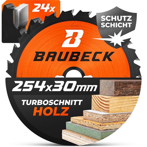 BAUBECK Sägeblatt 254x30 - Holz Zuschnitt - Kreissägeblatt 254 x 30 für schnellen Holzschnitt - Sägeblatt 254 kompatibel mit Bosch GTS 10, Bosch PTS 10, Metabo KGS 254 uvm. 254x30x2.0 von BAUBECK