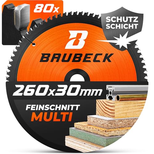 BAUBECK Sägeblatt 260x30 - Multi Material Feinschnitt - Kreissägeblatt 260 x 30 für Holz, Aluminium, Metall uvm. - Sägeblatt 260 kompatibel mit Bosch, Festool uvm. von BAUBECK