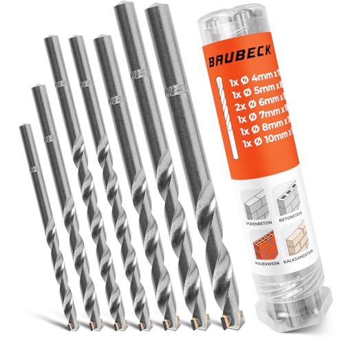 BAUBECK Steinbohrer Set CYL für Mauerwerk & Beton [7tlg - Ø5-12 bis zu 110mm lang] - Langlebig und Robust aus 40CR Stahl für Präzise Ergebnisse - Bohrer Set Beton Bohrer Stein Betonbohrer von BAUBECK