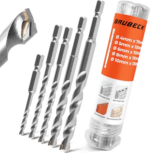 BAUBECK Steinbohrer Set Sechskantschaft HEX [5tlg - 4-10 bis zu 130mm lang] - Langlebig und Robust aus 40CR Stahl für präzise Ergebnisse - Bohrer Set Beton Bohrer Stein Betonbohrer von BAUBECK