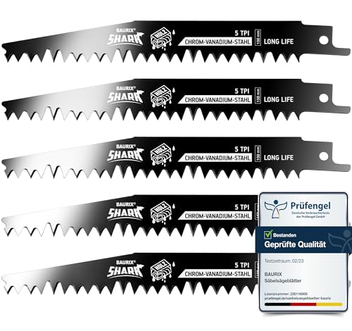 BAURIX® [LONG LIFE] Säbelsägeblätter Holz, 5 Stück, 150 mm, 5 TPI, Sägeblatt Säbelsäge für schnelle und saubere Schnitte, Säbelsägeblatt für Grobholz, Nassholz, Brennholz, lebendes Holz von BAURIX