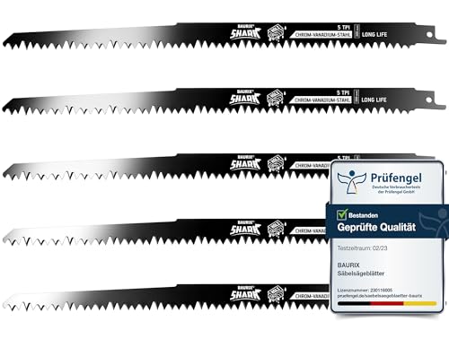 BAURIX® [LONG LIFE] Säbelsägeblätter Holz, 5 Stück, 300 mm, 5 TPI, Sägeblatt Säbelsäge für schnelle und saubere Schnitte, Säbelsägeblatt für Grobholz, Nassholz, Brennholz, lebendes Holz von BAURIX