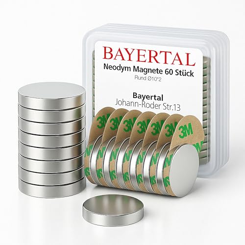 Bayertal® Neodym Magnete 10x2mm – 60 Stück, N52 Extra Stark mit 3M Kleber – Mini Magnete selbstklebend für Magnettafel, Whiteboard, Kühlschrank, Büro, Werkstatt & Haushalt – Haftet auch ohne Metall von BAYERTAL