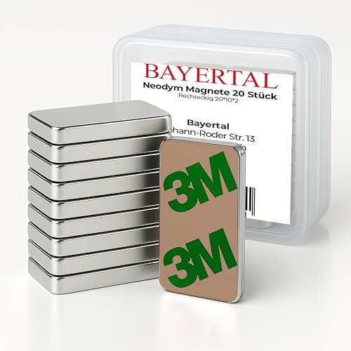 Bayertal® Neodym Magnete 20x10x2mm – 20 Stück, N52 Extra Stark mit 3M Kleber – Mini Magnete selbstklebend für Magnettafel, Whiteboard, Kühlschrank, Büro, Werkstatt & Haushalt – Haftet auch ohne Metall von BAYERTAL