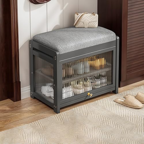 BAYTEWJX Moderne Schuhregalbank aus Holz Weiches Kissen Sitzbank 2-Lagige Bequeme Schuhbank mit Glastür für Wohnzimmer Schlafzimmer.(Gray,50x32x43cm) von BAYTEWJX