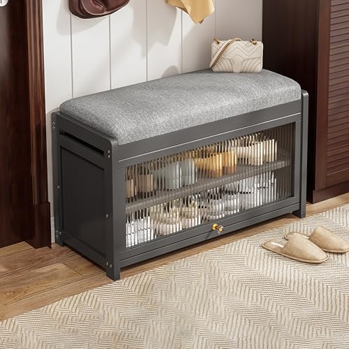 BAYTEWJX Moderne Schuhregalbank aus Holz Weiches Kissen Sitzbank 2-Lagige Bequeme Schuhbank mit Glastür für Wohnzimmer Schlafzimmer.(Gray,70.1x32x43cm) von BAYTEWJX