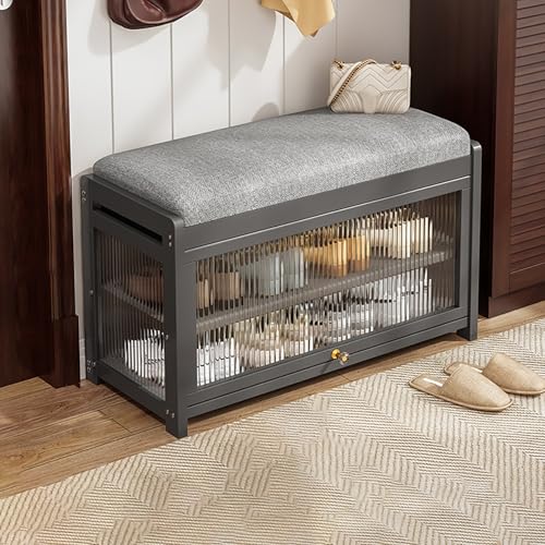 BAYTEWJX Moderne Schuhregalbank aus Holz Weiches Kissen Sitzbank 2-Lagige Bequeme Schuhbank mit Glastür für Wohnzimmer Schlafzimmer.(Gray,70x32x43cm) von BAYTEWJX