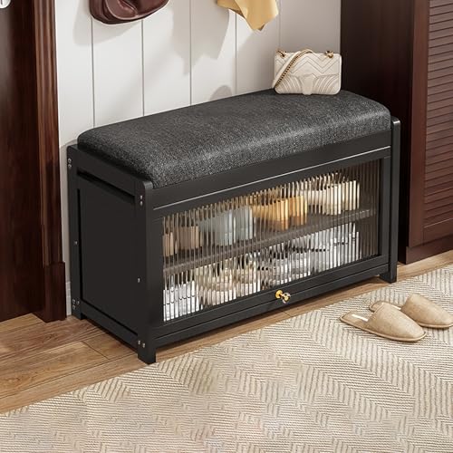 BAYTEWJX Moderne Schuhregalbank aus Holz Weiches Kissen Sitzbank 2-Lagige Bequeme Schuhbank mit Glastür für Wohnzimmer Schlafzimmer.(Nero,70.1x32x43cm) von BAYTEWJX