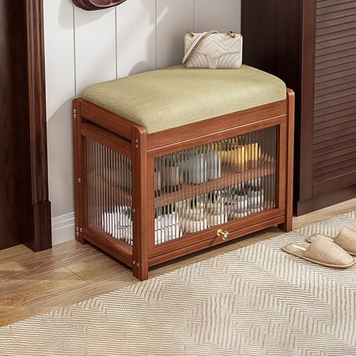 BAYTEWJX Moderne Schuhregalbank aus Holz Weiches Kissen Sitzbank 2-Lagige Bequeme Schuhbank mit Glastür für Wohnzimmer Schlafzimmer.(Walnut,50x32x43cm) von BAYTEWJX