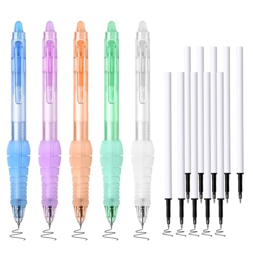 BAYTORY 5 neutrale radierbare Stifte, 0,5 mm feine Spitze, schwarze Tinte, radierbarer Stift mit 10 Nachfüllminen, angenehmer Griff, mit Radiergummi, für Büro, Schule und Haushalt (schwarze Tinte) von BAYTORY