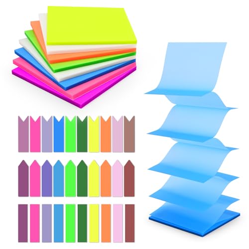 BAYTORY Haftnotizen, transparent, Pop-Up-Papier, 400 Blatt 3 x 3 Zoll und 3 transparente Klebeetiketten, 8 Notizbücher in leuchtenden Farben mit Spender (weiß) von BAYTORY