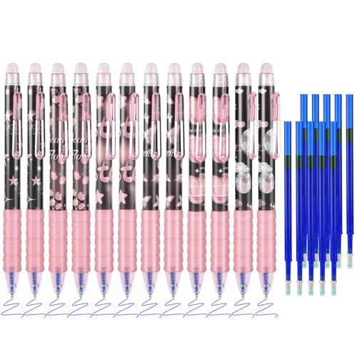 BAYTORY Löschbare Stifte, Einziehbare Feine Spitze, 0,5 mm Gelstifte mit Radiergummi, Transparent, 12 Blaue Tintenstifte und 10 Nachfüllungen, Glattes Schreiben für Notizen, Kreuzworträtsel von BAYTORY