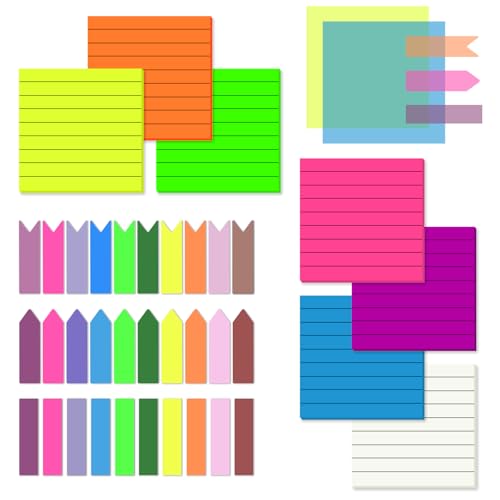 BAYTORY Transparente, linierte Haftnotizen, 350 Blatt 3 x 3 Zoll mit Linien und 3 transparenten selbstklebenden Tabs, 7 Blöcke in verschiedenen leuchtenden Farben und Index-Schriften (gefüttert) von BAYTORY