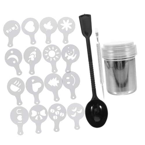 BAZEITFLOW Edelstahl Kaffeepulver Streuer mit Latte Art Schablonen Puderzucker Shaker Messlöffel und Silberspirale für Cappuccino Dekoration Leicht zu Reinigen und Tragbar von BAZEITFLOW