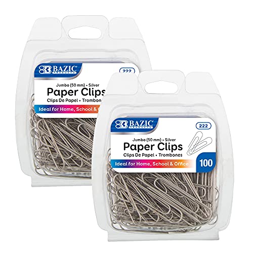 BAZIC Büroklammern, Jumbo, 50 mm, silberfarbene Büroklammern, große mittelgroße Büroklammern, farbige Dokumentenklammer für Büro, Schule, 100 Stück pro Packung, 2 Stück BAZIC Büroklammern, Jumbo, 50 mm, silberfarbene Büroklammern, große mittelgroße Büroklammern, farbige Dokumentenklammer für Büro, Schule, 100 Stück pro Packung, 2 Stück von BAZIC Products