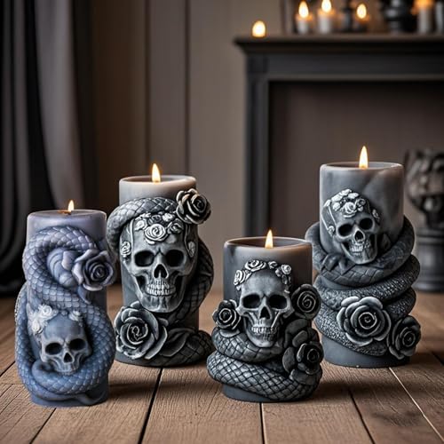 4 Stück Schlangen Schädel Silikonformen, Zylinder Halloween Kerzenformen, Epoxidharz Gießformen für Kunsthandwerk, Seife, Ton, Kerzenwachs, Ideal für Halloween Dekoration von BAZOVE
