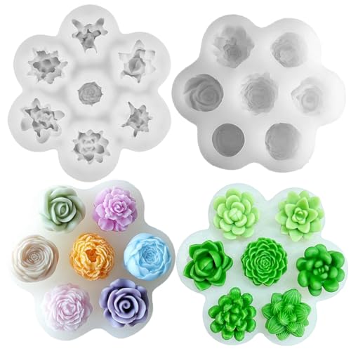 4 Stück Sukkulente Blume Silikon Kerzenformen, 7 Hohlraum 3D Sukkulente Silikon Gießformen für die Herstellung von Duftkerzen, Seifen, DIY handgemachte Kaktus Pflanze Kuchen Dessert Ornament Formen von BAZOVE