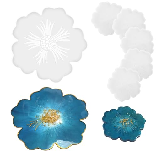Silikonformen Untersetzer Set, 1 Stück Epoxidharz Tablett Groß & 5 Stück Epoxidharz Untersetzer, Blume Silikonform Epoxidharz Gießformen für Heimdekoration Silikonformen Untersetzer Set, 1 Stück Epoxidharz Tablett Groß & 5 Stück Epoxidharz Untersetzer, Blume Silikonform Epoxidharz Gießformen für Heimdekoration von BAZOVE