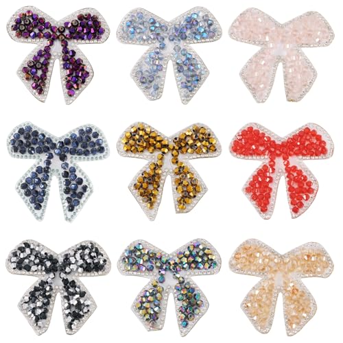 9 x kleine Schleifen-Strass-Applikationen, Perlenapplikationen, glitzernde Schleife, Kristallperlen, zum Aufbügeln oder Aufnähen auf Kleidung, Kleid, Taschen, Jeans, Hüte, Dekorationen, Nähen von BB Beadthoven