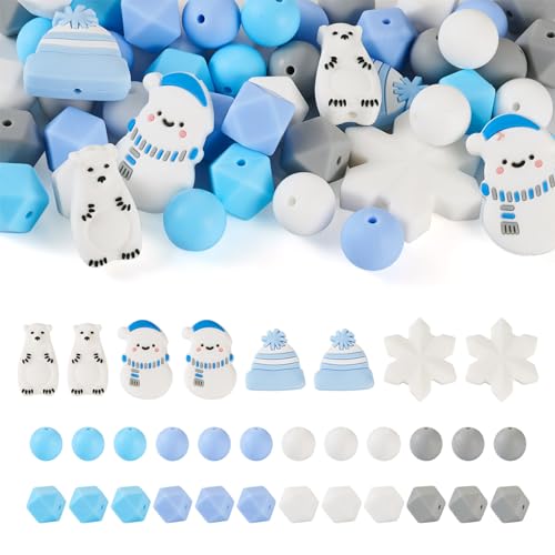 BB Beadthoven Beadthoven 48 Stück Weihnachten Silikon Perlen Schneemann Xmas Hut Eisbär Schneeflocke Polygon Runde Silikonperlen Bulk für Halsketten Armband Schlüsselanhänger Weihnachtsdekoration von BB Beadthoven