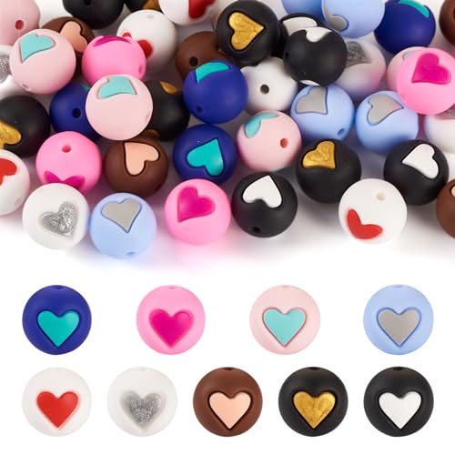 BB Beadthoven Beadthoven Silikon-Perlen, 9 Farben, runde Silikonperlen mit Herzmuster für Halsketten, Armbänder, Schlüsselanhänger, Stiftdekoration, 2 mm Loch, 45 Stück BB Beadthoven Beadthoven Silikon-Perlen, 9 Farben, runde Silikonperlen mit Herzmuster für Halsketten, Armbänder, Schlüsselanhänger, Stiftdekoration, 2 mm Loch, 45 Stück von BB Beadthoven