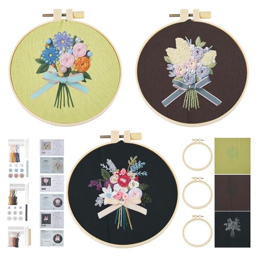 BB Beadthoven Beadthoven Stickerei-Starter-Set, Blumenstrauß-Muster, 3D-Perlenstickerei, Anfänger, Stickset mit Anleitung (evtl. nicht in deutscher Sprache), Stickrahmen und Werkzeuge, 3 Stück von BB Beadthoven