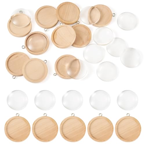 Beadthoven 10 Stück natürliche Holz-Anhänger-Tabletts, 30 mm, rund, Cabochon-Einfassungen, Rohlinge mit 10 Klarglas-Cabochons für DIY, Basteln, Foto-Schmuckherstellung, Fundstücke (Bisque) von BB Beadthoven