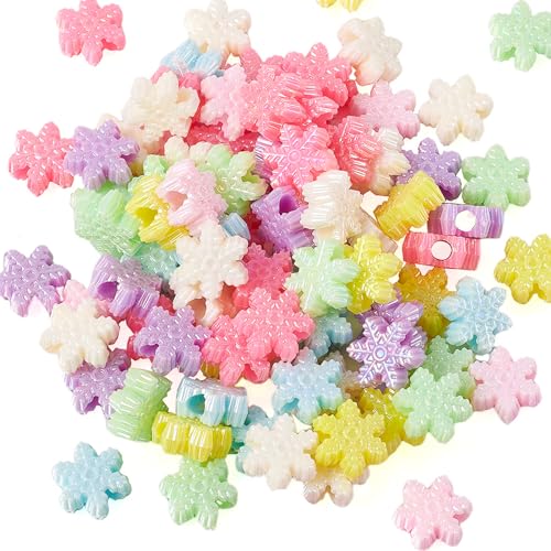 Beadthoven 100 Stück blickdichte Acryl-Schneeflocken-Perlen, 13x14.5 mm, AB-Farbe, Mini-Weihnachtsstil, lose Perlen, Abstandshalter für DIY, bunte Regenbogen-Halsketten, Schmuckherstellung, Mädchen von BB Beadthoven