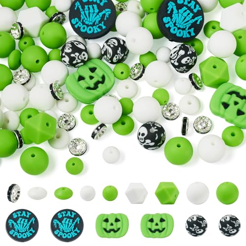 Beadthoven 102 Stück Halloween-Themen-Perlen, Kürbis-Schädel, Silikon-Kunststoffperlen mit Strass-Abstandshaltern für Halloween, Heimdekoration, Halskette, Schlüsselanhänger, DIY-Stifte, Grün von BB Beadthoven