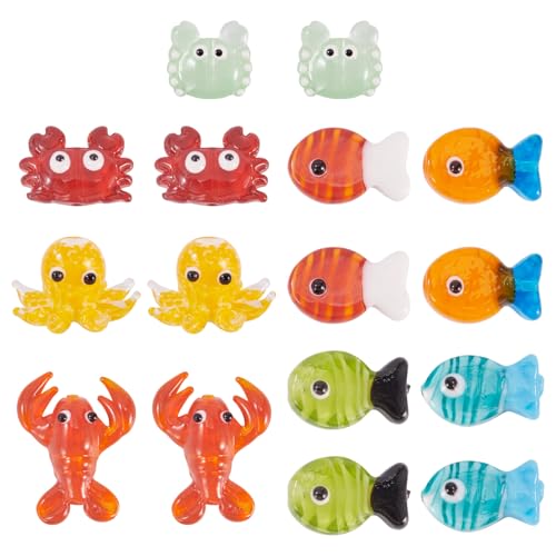 Beadthoven 16 Stück Meerestiere, holprige Lampwork-Glasperlen, niedlich, 3D-Ozean, handgefertigt, Murano-Perlen, Charm, Krabbe, Fisch, Oktopus, Hummer, Cartoon, niedliche Abstandshalter für von BB Beadthoven