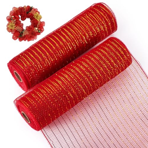 Beadthoven 2 Rollen 9,1 m PP Dekor Mesh Tüll Stoff Metallfolie Band Weihnachten Deko Mesh Rollen für Weihnachtskranz Girlanden Party Dekoration, Feuerziegel von BB Beadthoven