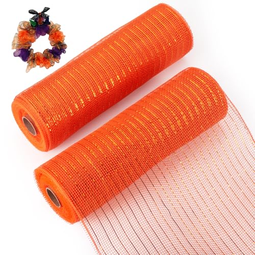 Beadthoven 2 Rollen 9,1 m PP Dekor Mesh Tüll Stoff Metallfolie Band Weihnachten Deko Mesh Rollen für Weihnachtskranz Girlanden Party Dekoration, Orange von BB Beadthoven