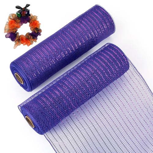 Beadthoven 2 Rollen 9,1 m PP-Dekor-Mesh-Tüllstoff, Metallfolienband, Weihnachtsdekoration, Netzrollen für Weihnachtskranz, Girlanden, Party-Dekoration, Violett von BB Beadthoven