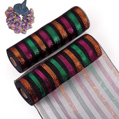 Beadthoven 2 Rollen 9,1 m PP-Dekor-Mesh-Tüllstoff, Metallfolienband, Weihnachtsdekoration, Netzrollen für Weihnachtskranz, Girlanden, Party-Dekoration, bunt und schwarz von BB Beadthoven