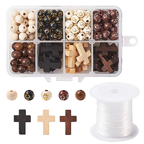 Beadthoven Holz-Kreuzperlen, Acrylperlen, 8 mm, runde Kugel, Kreuz, lose klobige Perlen mit elastischem Faden, für Rosenkranz, Heilige Schmuckherstellung, 211 Stück von BB Beadthoven