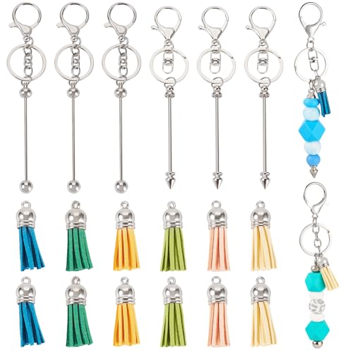 Beadthoven 24 x Perlen-Schlüsselanhänger, blanko Stangen mit bunten Lederquasten, Metallperlen, Schlüsselanhänger-Set für Anhänger, Schmuck, Basteln, Platin von BB Beadthoven