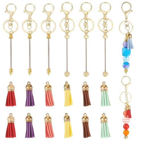 Beadthoven 24 x Perlen-Schlüsselanhänger, blanko Stangen mit bunten Lederquasten, Metallperlen, Schlüsselanhänger-Set für Anhänger, Schmuck, Basteln, goldfarben von BB Beadthoven
